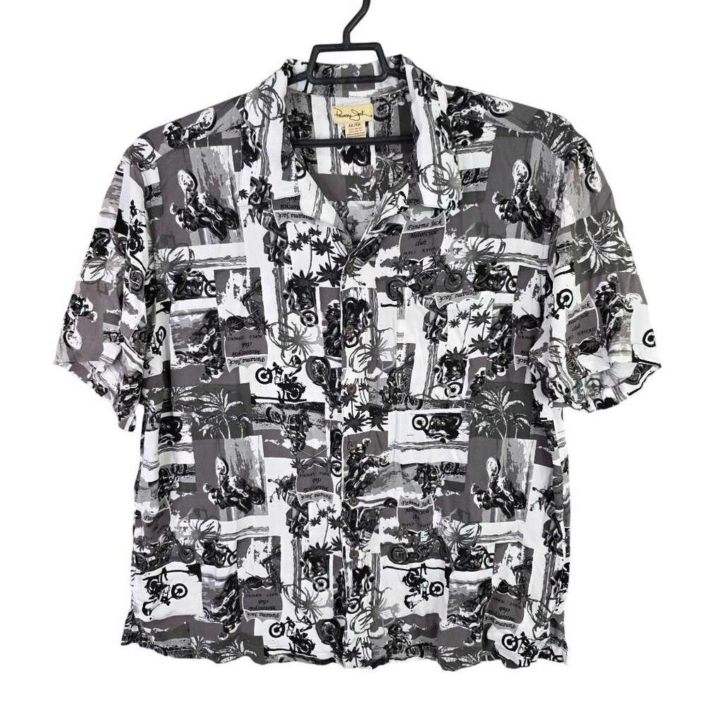 Mens Panama Jack Grey Hawaiian Motorcycle Print Shirt Button-Up Short Sleeve XXL